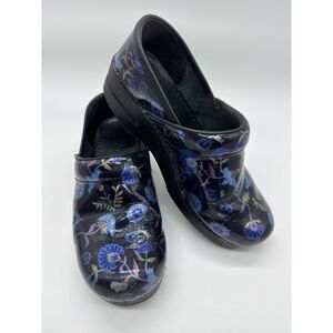 Dansko Black Patent Floral Clogs with Blue Accents